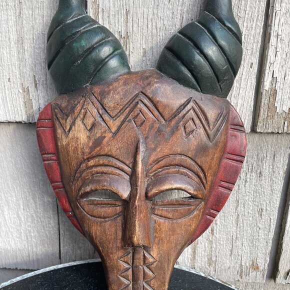 Horned Demon Decorative Tribal Face Mask Hand Carved Wooden - Picture 4 of 8